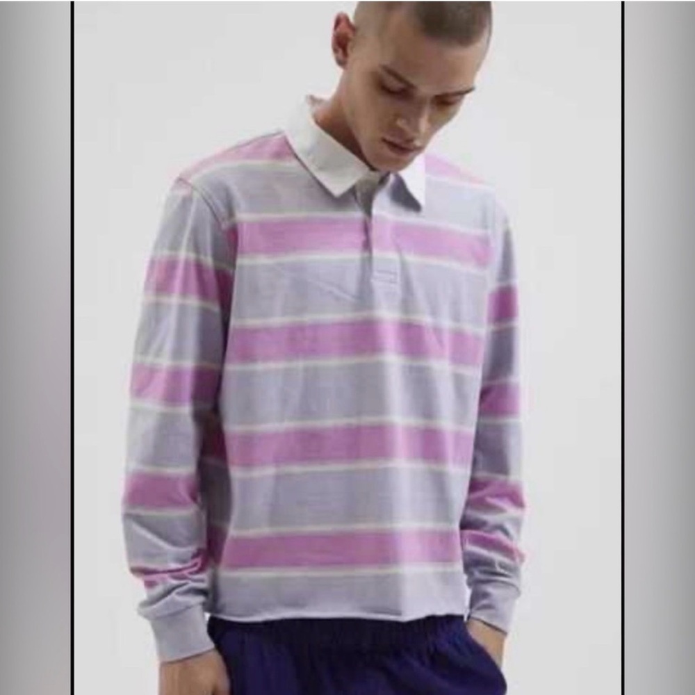 NWT Urban Outfitters Unisex Stripe Raw Hem Pink Purple Rugby Small